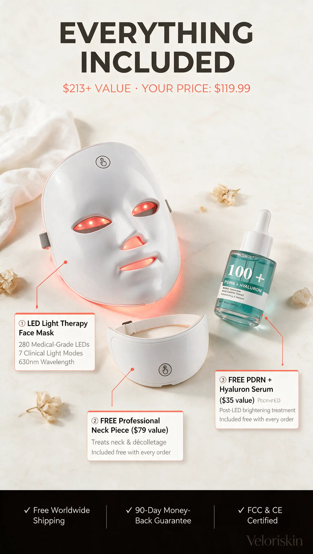 Veloriskin LED Light Therapy Mask + FREE Neck Piece + FREE Serum