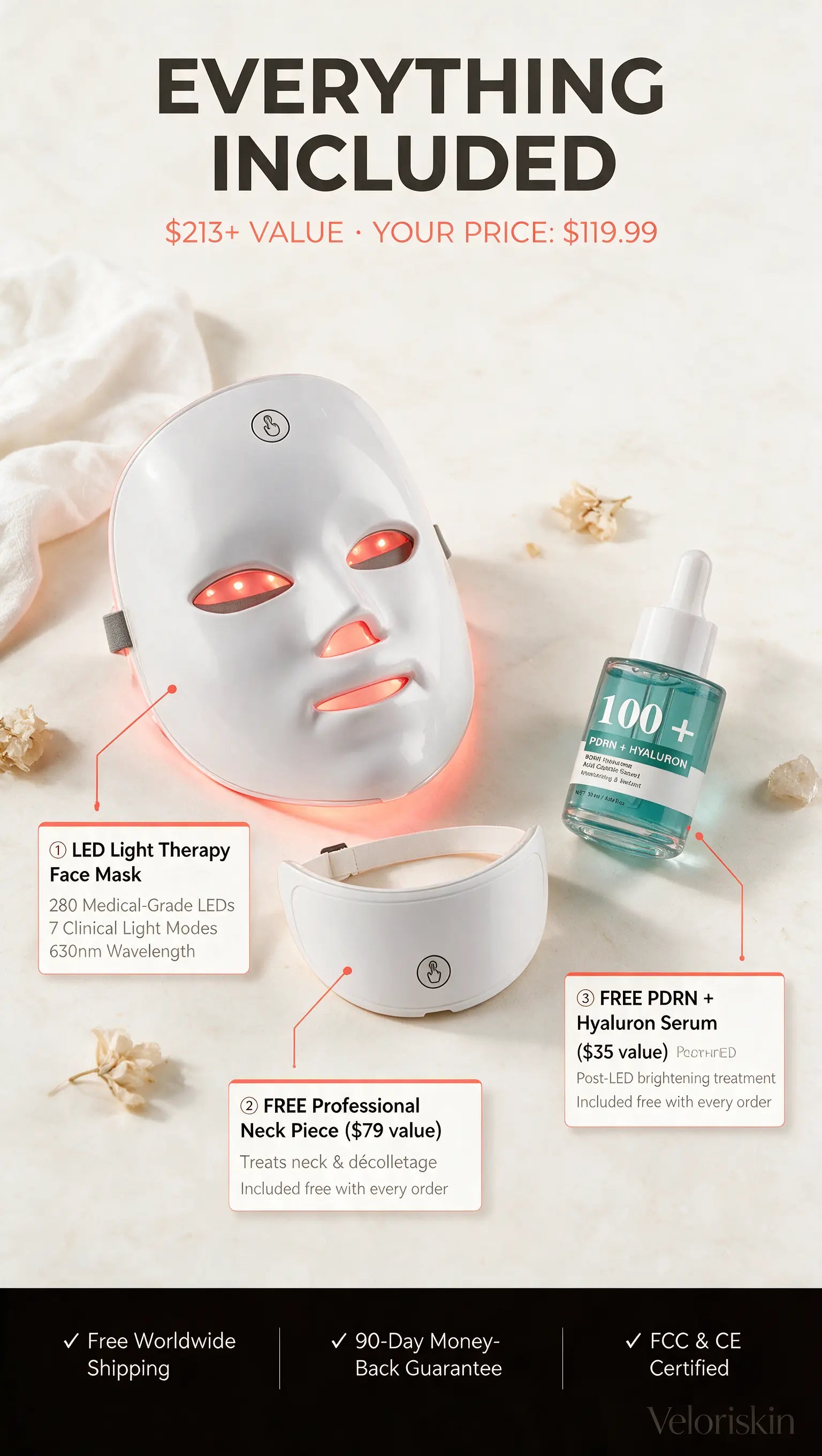 Veloriskin LED Light Therapy Mask + FREE Neck Piece + FREE Serum